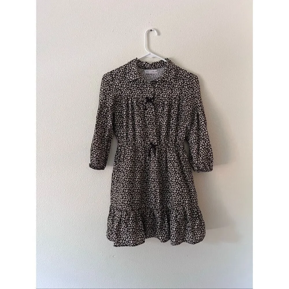 Zara Girl Black /Cream Dress Elastic waist bow front size 11-12 Y